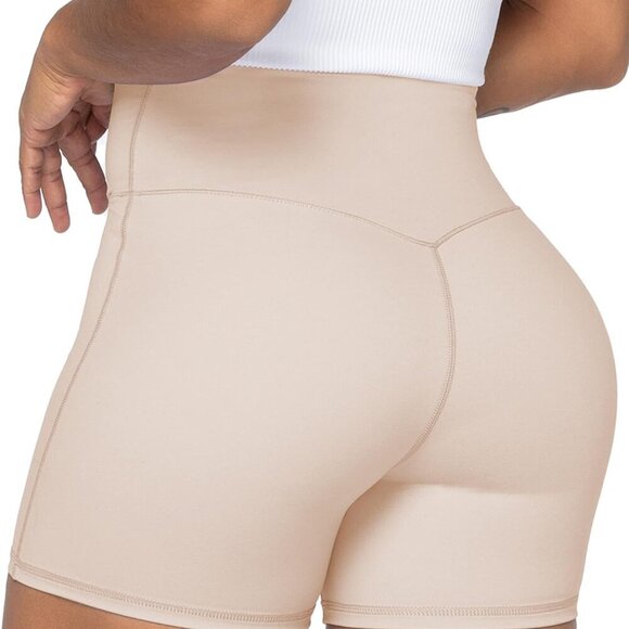 Beige crossover biker shorts for women, 4-inch inseam, high waist, tummy control - Picture 3 of 5